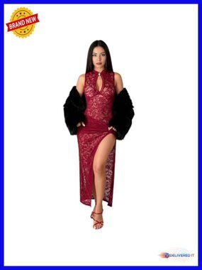 Black Lace Bodycon Maxi Dress High Slit Sheer Sleeveless Party Wear